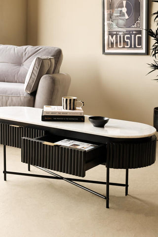 Close-up image of the Reeded Black Wood & Marble Low Console Table / TV Unit