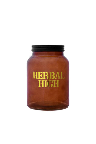 Image of the Amber Glass Storage Jar With Black Lid - Herbal High on a white background