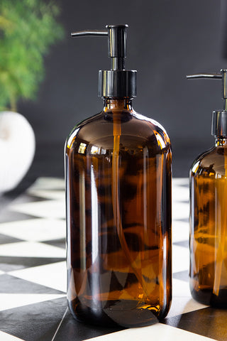 Image of the Large Amber Tinted Glass Soap Dispenser Bottle with a black nozzle