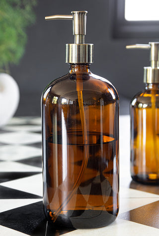 Image of the large Amber Tinted Glass Soap Dispenser Bottle with the gold nozzle