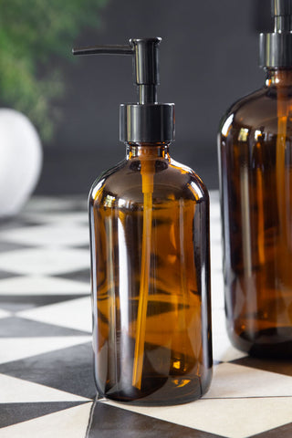 Image of the Small Amber Tinted Glass Soap Dispenser Bottle with the black nozzle