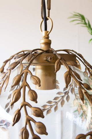 Close-up image of the top of the Ornate Globe Pendant Ceiling Light With Brass Leaf Detailing
