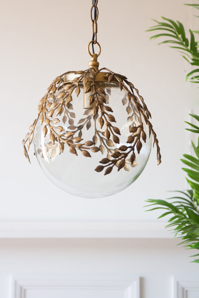 Ornate Globe Pendant Ceiling Light With Brass Leaf Detailing