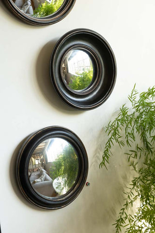 Close-up image of the Antique Black Deep Framed Small Convex Mirror