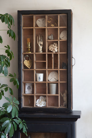 Front on lifestyle image of the Glass & Antique Wooden Sliding Wall Display Cabinet 