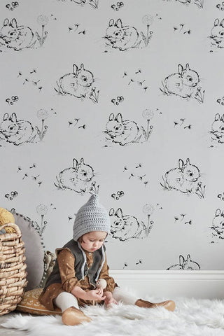 Bear & Beau Little Bunny Wallpaper In Grey