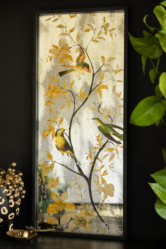 Lifestyle image of the Beautiful Bird Wall Art Mirrored wall art. 
