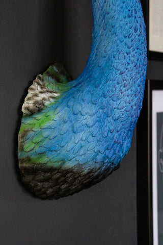 Close-up image of the base of the Beautiful Blue Peacock Head Wall Decoration