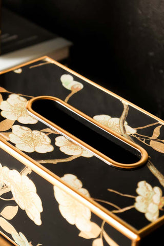 Close-up image of the Black & Gold Blossom Tissue Box