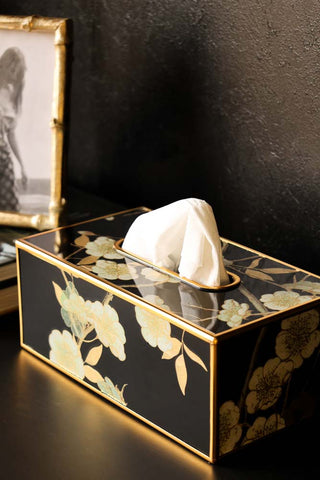 Lifestyle image of the Black & Gold Blossom Tissue Box