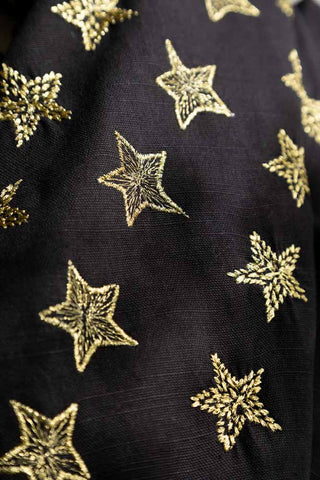 Close-up image of the Set of 2 Black Curtains with Gold Embroidered Stars