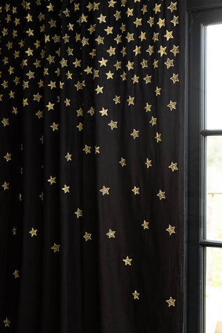 Image of the Set of 2 Black Curtains with Gold Embroidered Stars