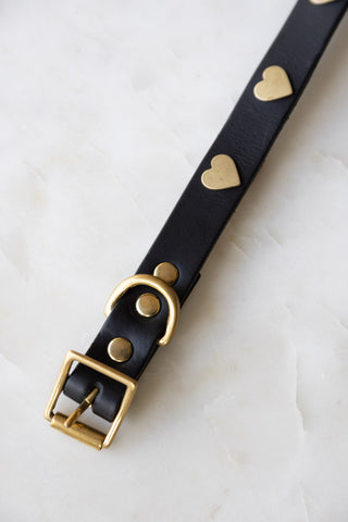 Close-up image of the Black Leather Dog Collar With Hearts - 5 Available Sizes