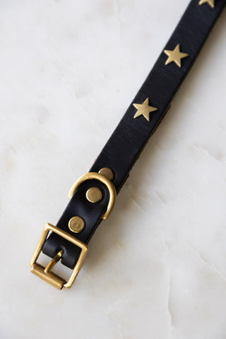 Close-up image of the Black Leather Dog Collar With Stars - 5 Available Sizes