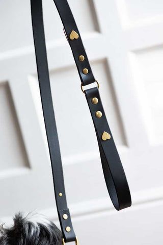 Image of the material for the Black Leather Dog Lead With Hearts