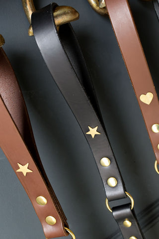 Close-up image of the Black Leather Dog Lead With Stars