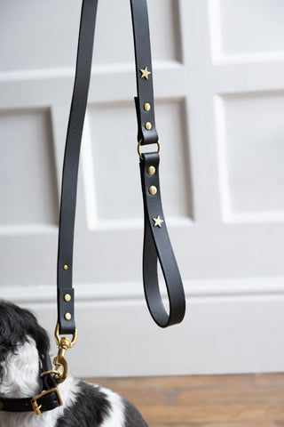 Image of the finish for the Black Leather Dog Lead With Stars