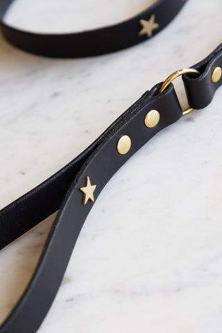 Detail image of the Black Leather Dog Lead With Stars