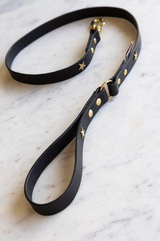 Image of the material for the Black Leather Dog Lead With Stars