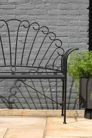 Close-up image of the Black Metal Garden Bench straight on