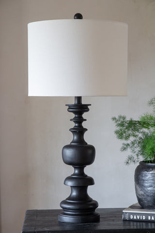 Image of the Black Turned Wood Table Lamp With Linen Lamp Shade