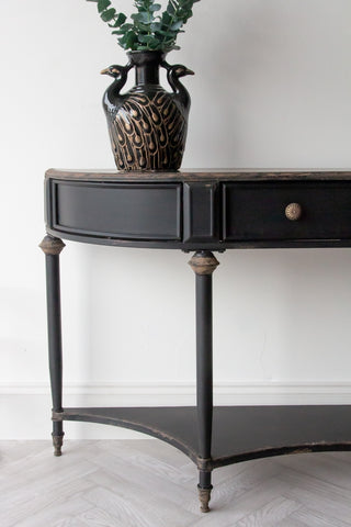 Close-up image of the Black Vintage Style Metal Distressed Console Table With Drawer