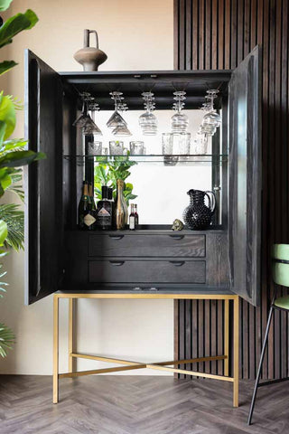 Image of the Brooklyn Black & Natural Oak Drinks Cabinet with the doors open