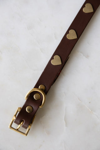 Close-up image of the Brown Leather Dog Collar With Hearts - 5 Available Sizes