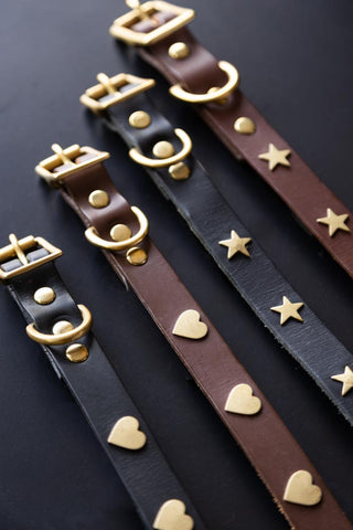 Image of the Brown Leather Dog Collar With Stars - 5 Available Sizes with other designs
