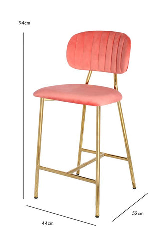 Image of the Coral Pink Velvet Bar Stool With Gold Legs on a white background with dimensions
