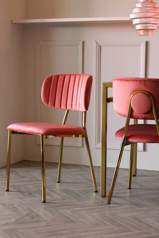 Lifestyle image of the Coral Pink Velvet Dining Chair With Gold Legs