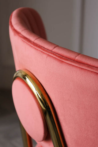 Detail image of the back of the Coral Pink Velvet Dining Chair With Gold Legs