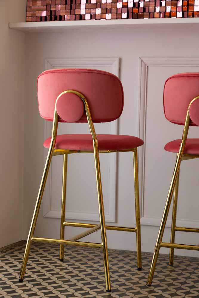 Coral Pink Velvet Bar Stool With Gold Legs
