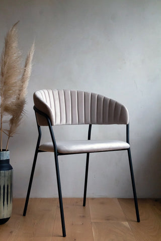 Lifestyle image of the front of the Curved Back Velvet Dining Chair In Mink Grey