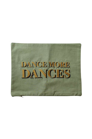 Image of the Dance More Dances Embroidered Green Cushion on a white background