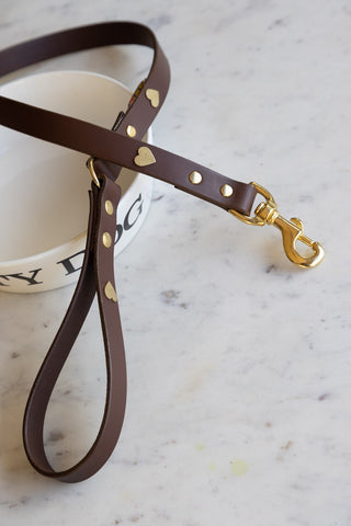 Detail image of the Dark Brown Leather Dog Lead With Hearts