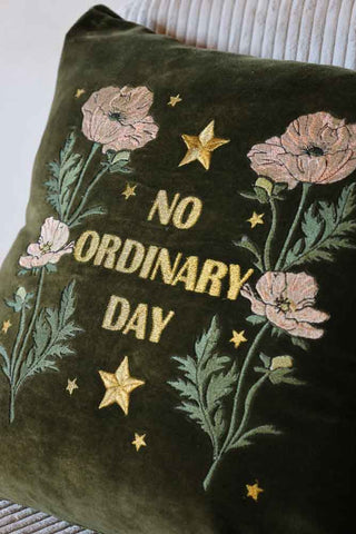 Detail image of the Denim & Bone X Rockett St George No Ordinary Day Cushion embroidery