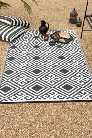 Lifestyle image of the dark side of the Diamond Key Pattern Reversible Outdoor Garden Rug