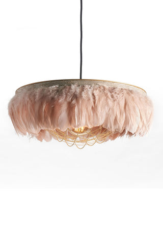 Image of the Juliette Fabulous Feather Chandelier Featuring Chains in Blush Pink on a white background