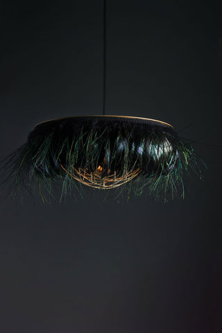 Image of the Juliette Fabulous Feather Chandelier Featuring Chains in Iridescent Black/ Electric Peacock on a dark background