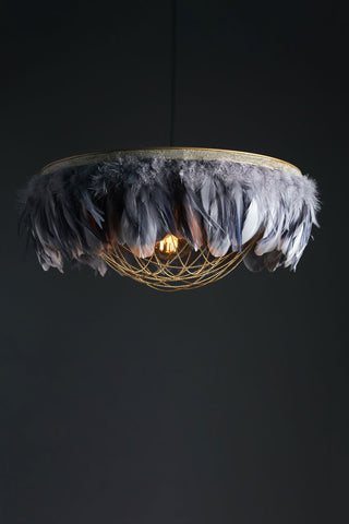 Image of the Juliette Fabulous Feather Chandelier Featuring Chains in Two Tone Grey on a dark background