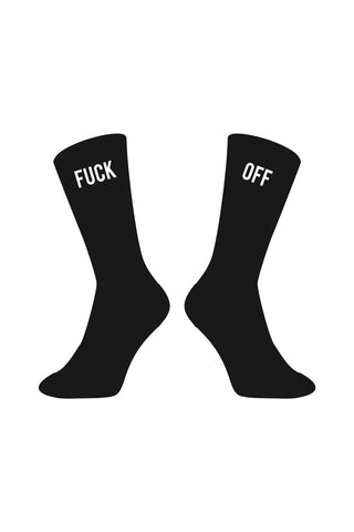 The Fuck Off Black Socks on a white background. 