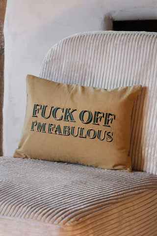 Image of the Fuck Off I'm Fabulous Embroidered Caramel Cushion on an armchair