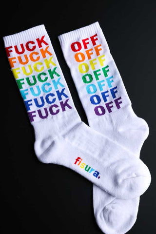 Lifestyle image of the Fuck Off Rainbow Socks