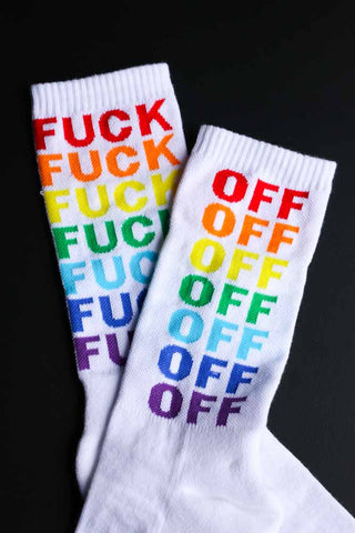 Close-up image of the Fuck Off Rainbow Socks