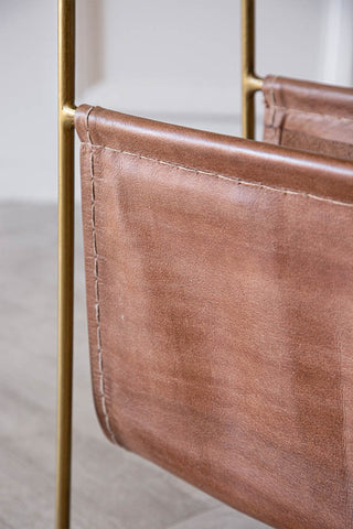 Detail image of Brown Leather Magazine Holder Side Table with Gold Metal Top and Legs