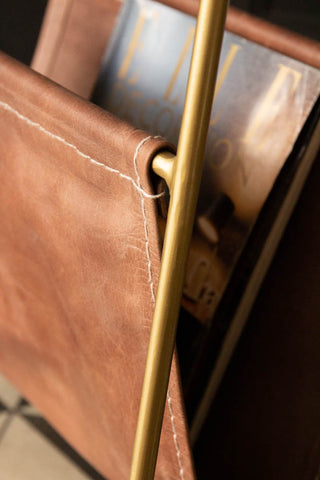 Detail image of the leather on the Gatsby Side Table with Leather Magazine Holder