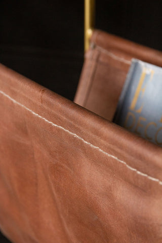 Detail image of the stitching on the Gatsby Side Table with Leather Magazine Holder