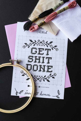 Detail image of the Get Shit Done Cross Stitch Kit