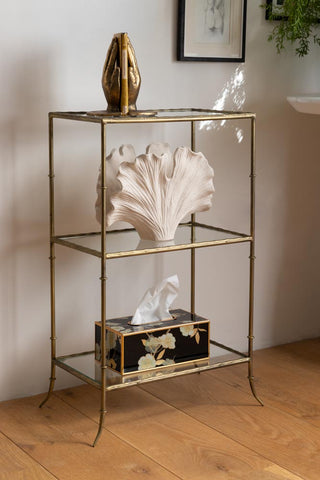 Lifestyle image of the Gold & Glass Bamboo Shelving Unit